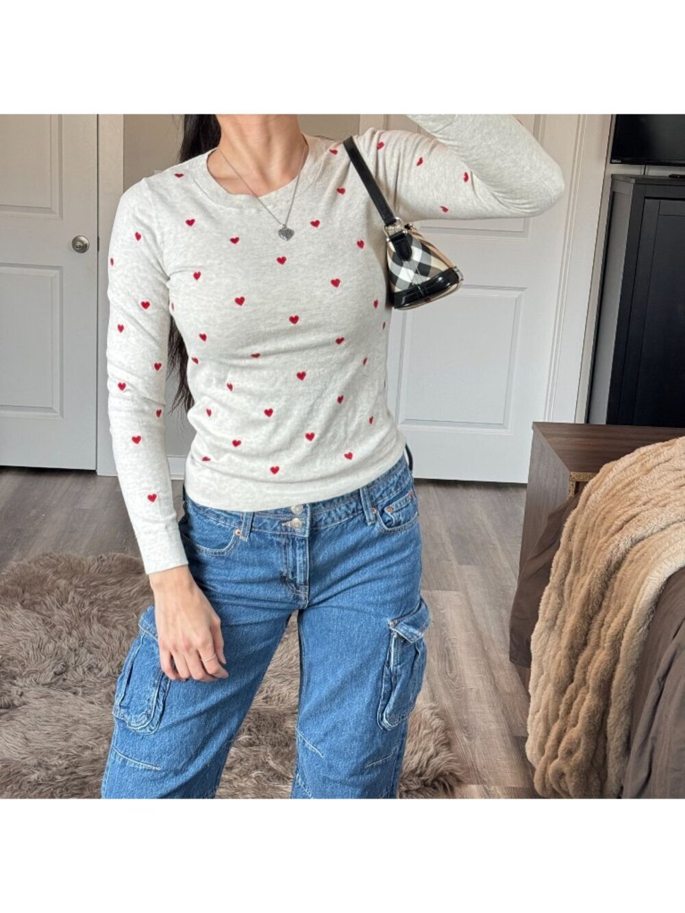 J.Crew Teddie Heart Embroidered Sweater Womens XS Coquette Soft Cotton